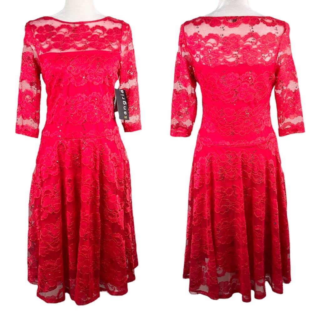 Sangria Dress Red Lace 6 Midi Sheer Neckline Stretch New